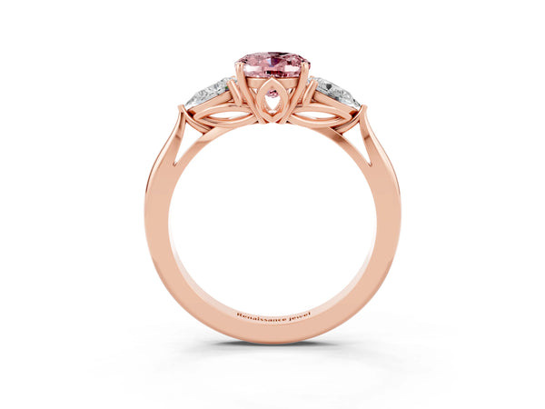 Rose gold Oval Cut Morganite Three-Stone Ring with Pear  Side Stones and Prong Setting
