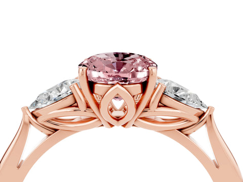 Rose gold Oval Cut Morganite Three-Stone Ring with Pear Side Stones and Four-Prong Setting_16