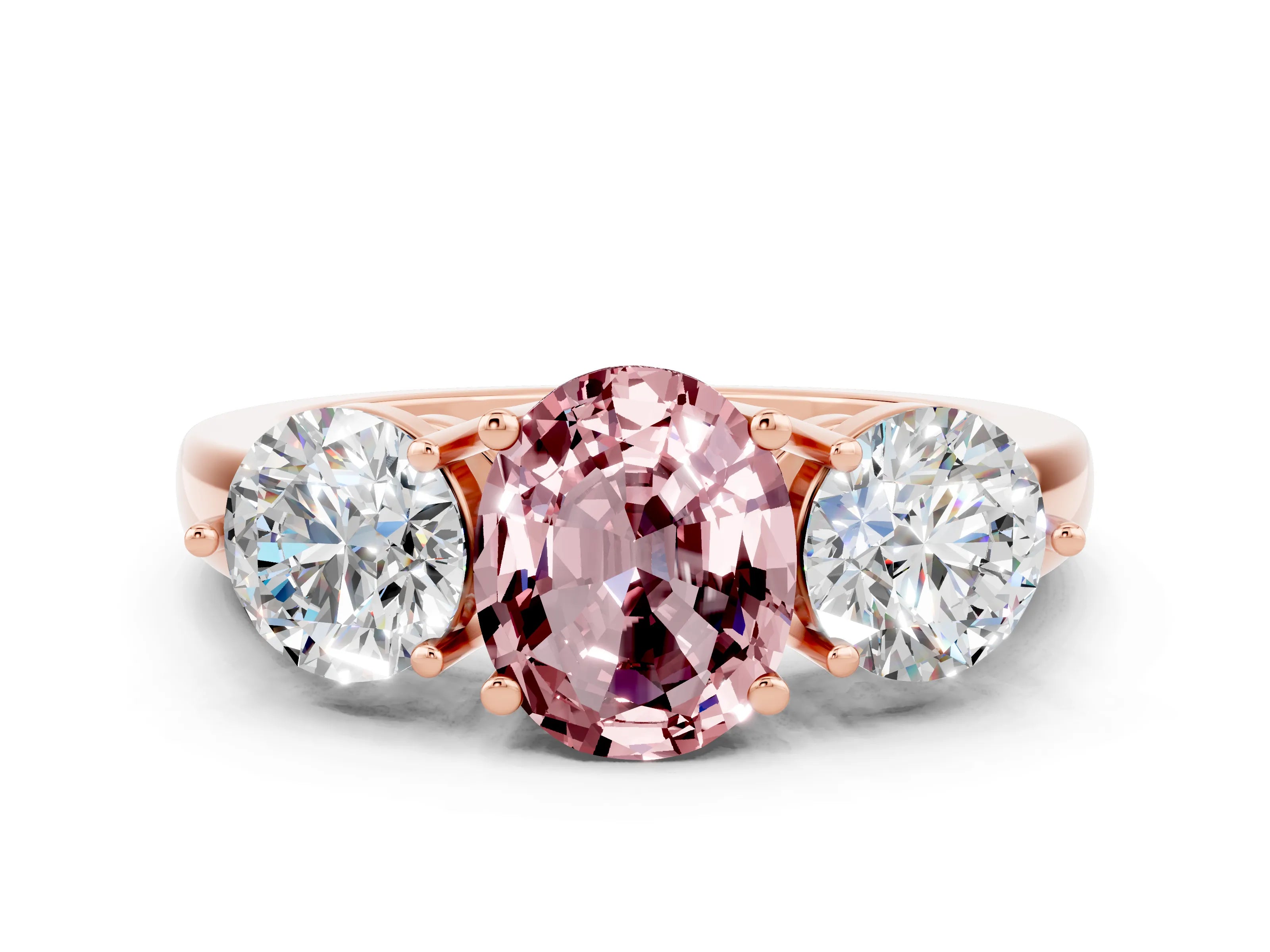 Rose gold Oval Cut Morganite Three-Stone Ring with Prong Setting and Classic Band