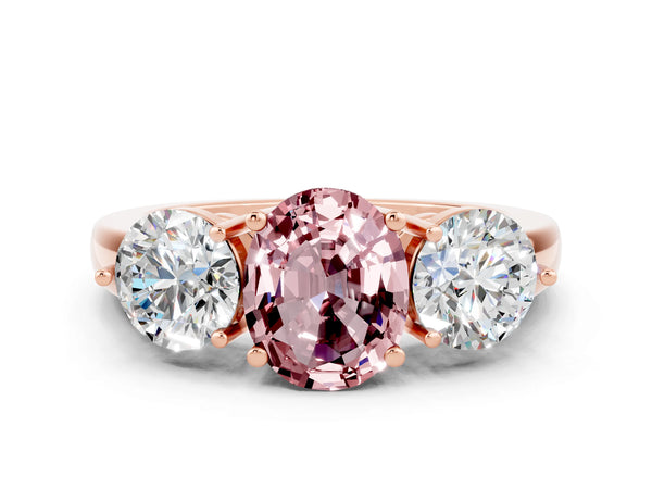 Rose gold Oval Cut Morganite Three-Stone Ring with Prong Setting and Classic Band