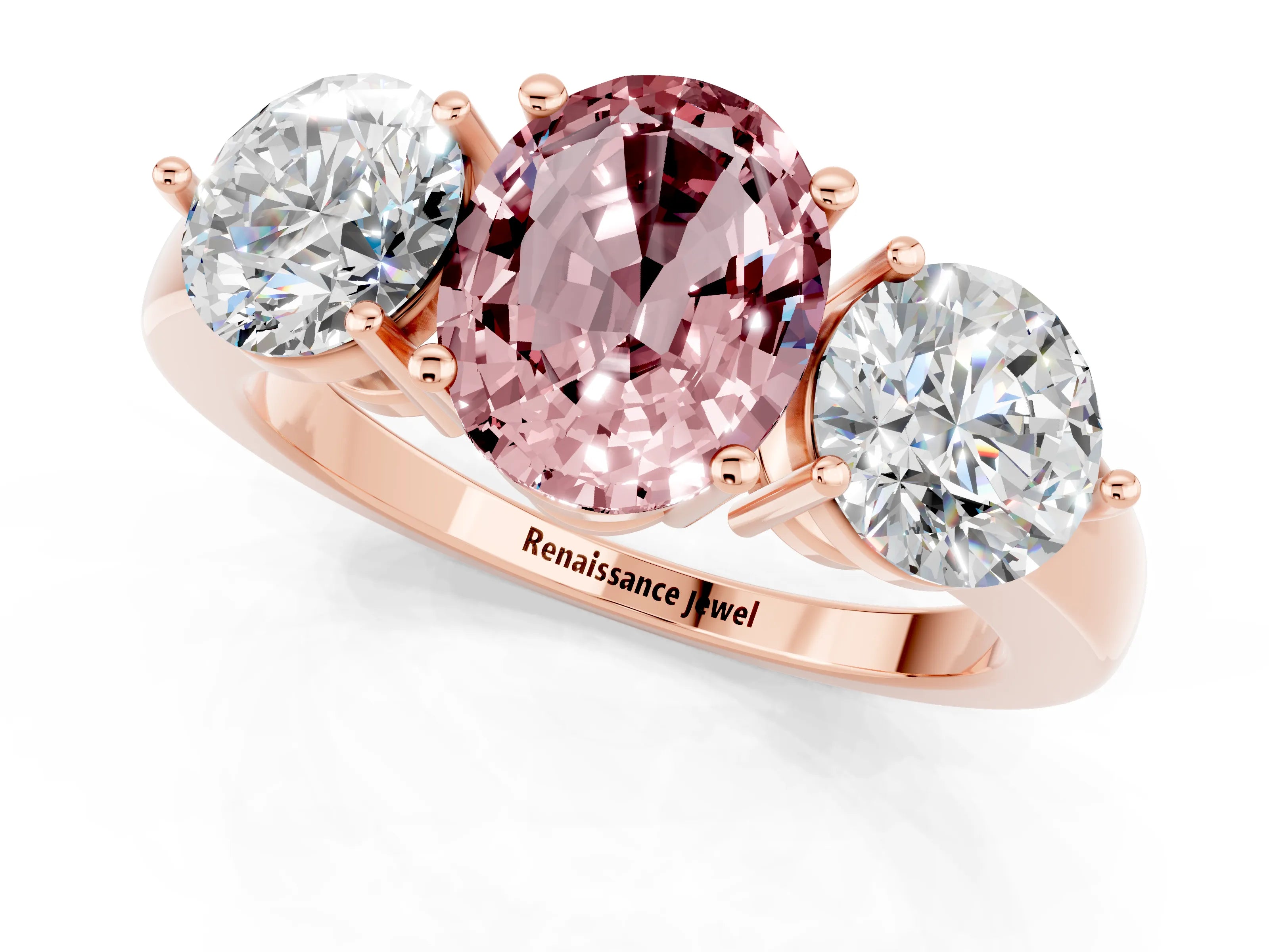 Rose gold Oval Cut Morganite Three-Stone Ring with Prong Setting and Classic Band_1