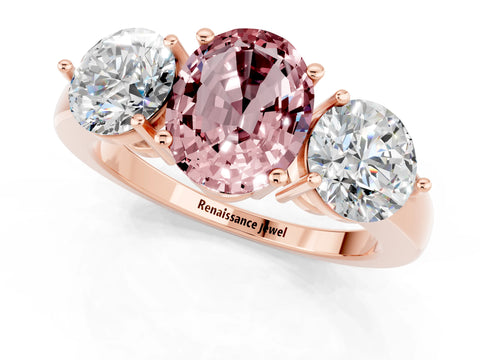 Rose gold Oval Cut Morganite Three-Stone Ring with Prong Setting and Classic Band_1