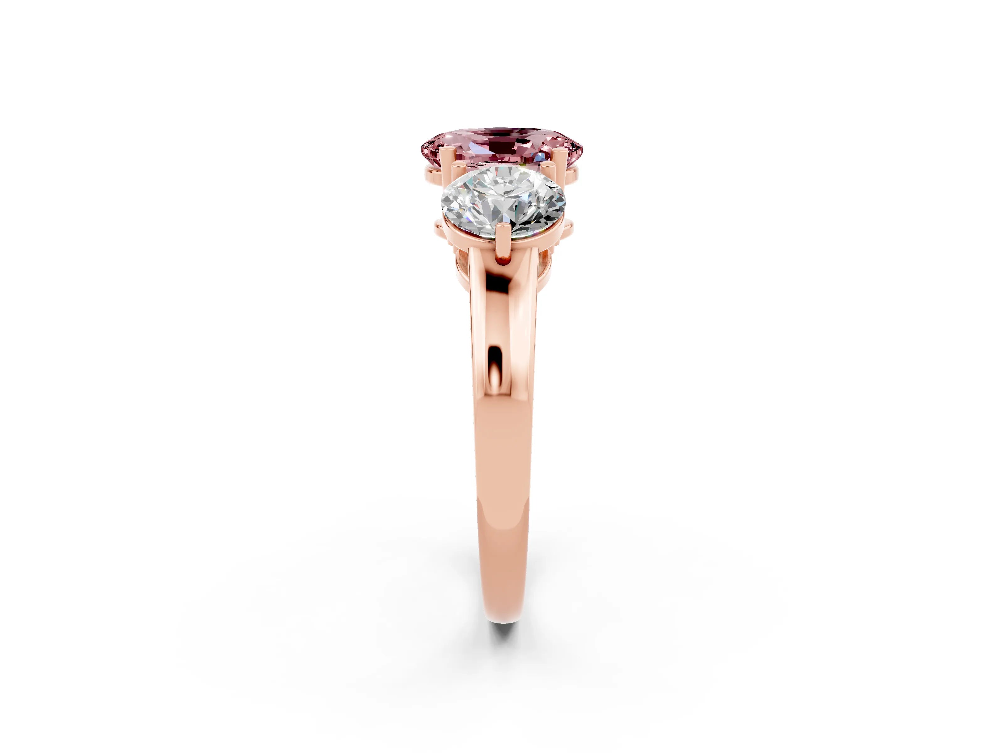 Rose gold Oval Cut Morganite Three-Stone Ring with Prong Setting and Classic Band_2