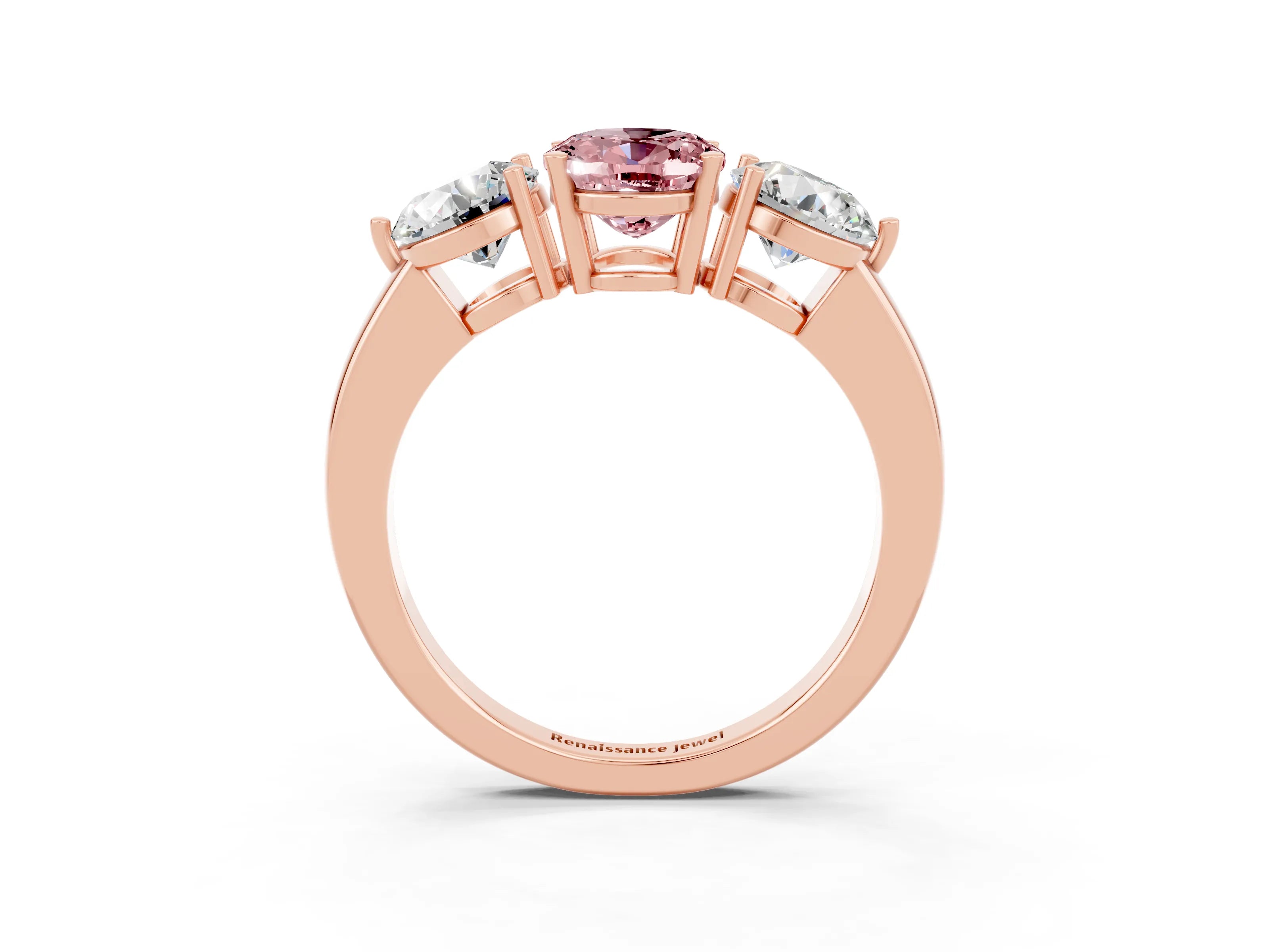 Rose gold Oval Cut Morganite Three-Stone Ring with Prong Setting and Classic Band_3