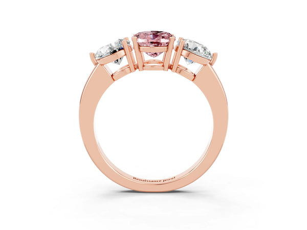 Rose gold Oval Cut Morganite Three-Stone Ring with Prong Setting and Classic Band