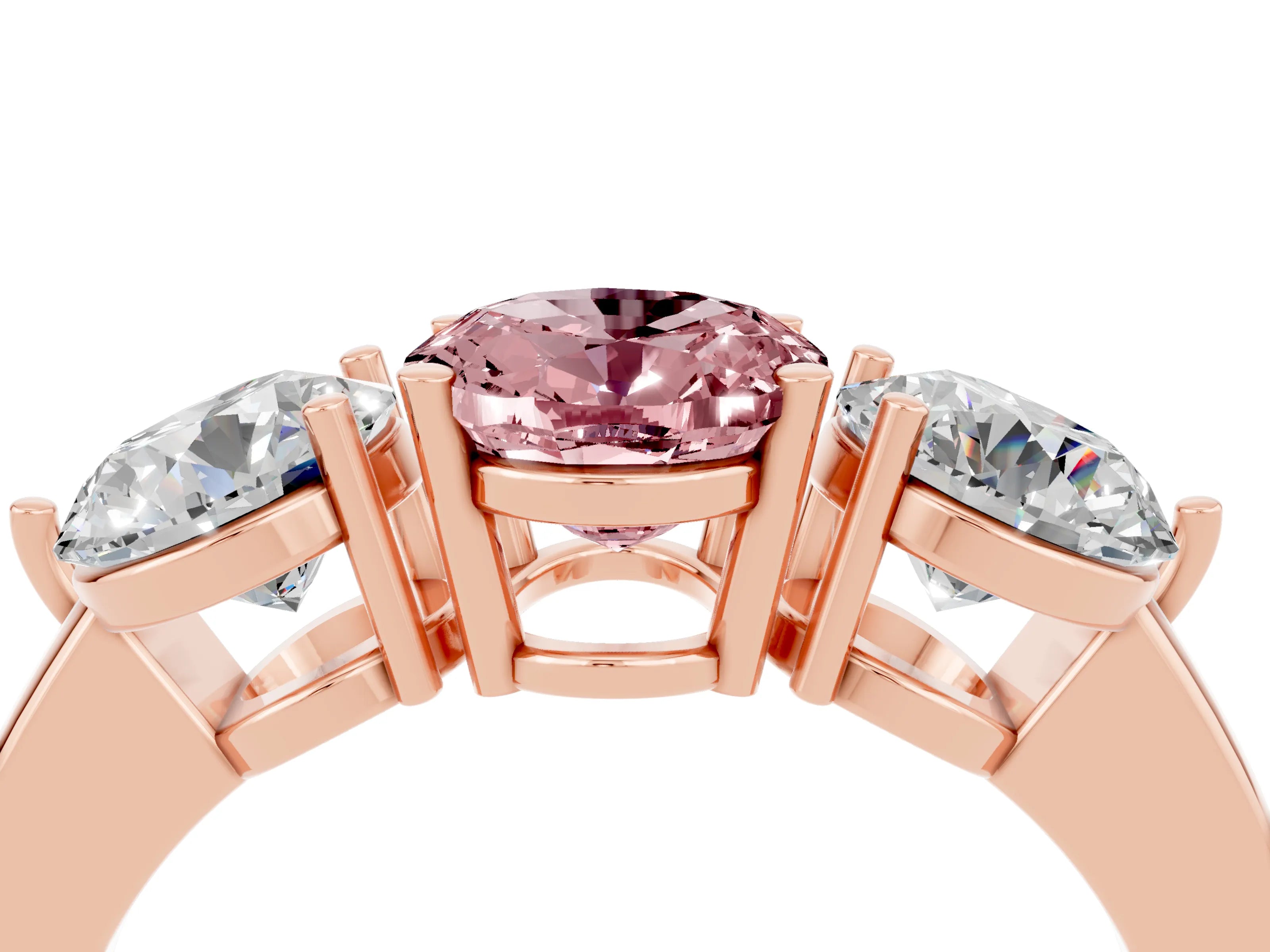 Rose gold Oval Cut Morganite Three-Stone Ring with Prong Setting and Classic Band_4
