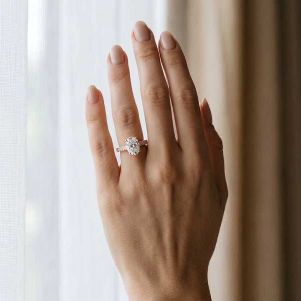 Rose gold Oval Cut Pave Band Milgrain Solitaire Ring