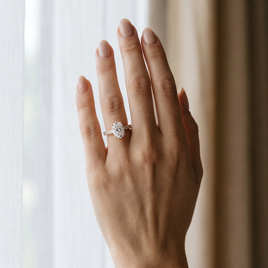 Rose gold Oval Cut Pave Band Milgrain Solitaire Ring