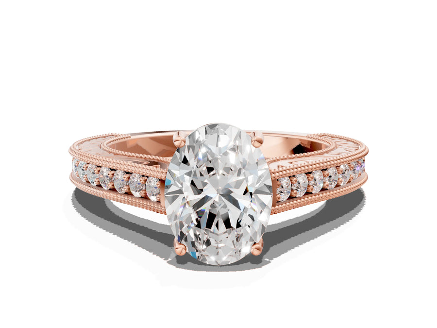 Rose gold Oval Cut Pave Band Milgrain Solitaire Ring