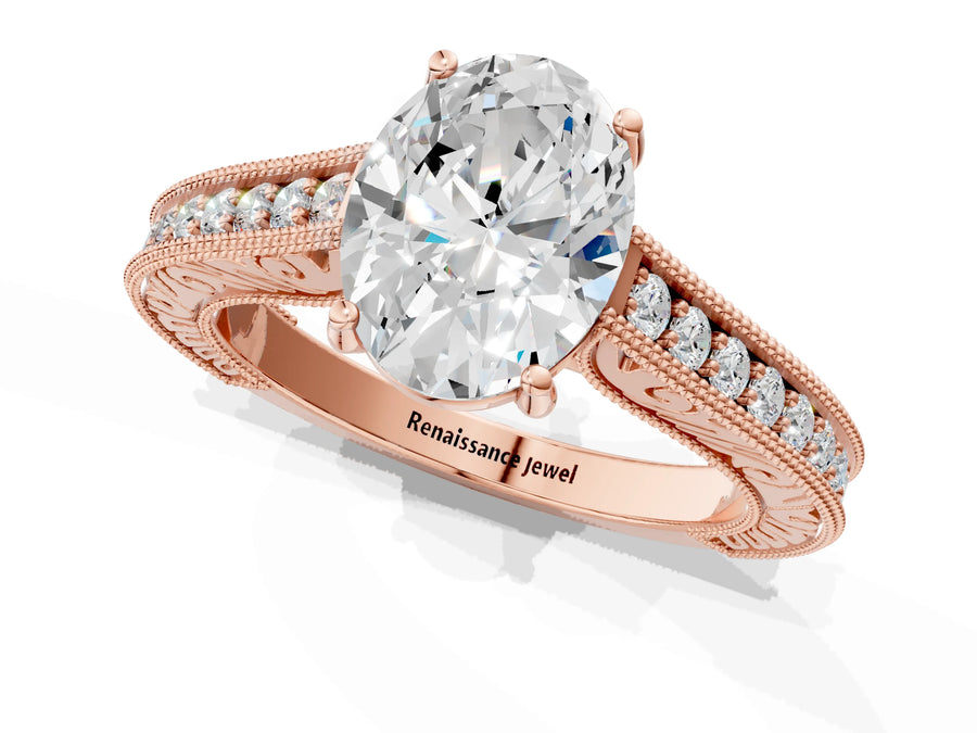 Rose gold Oval Cut Pave Band Milgrain Solitaire Ring