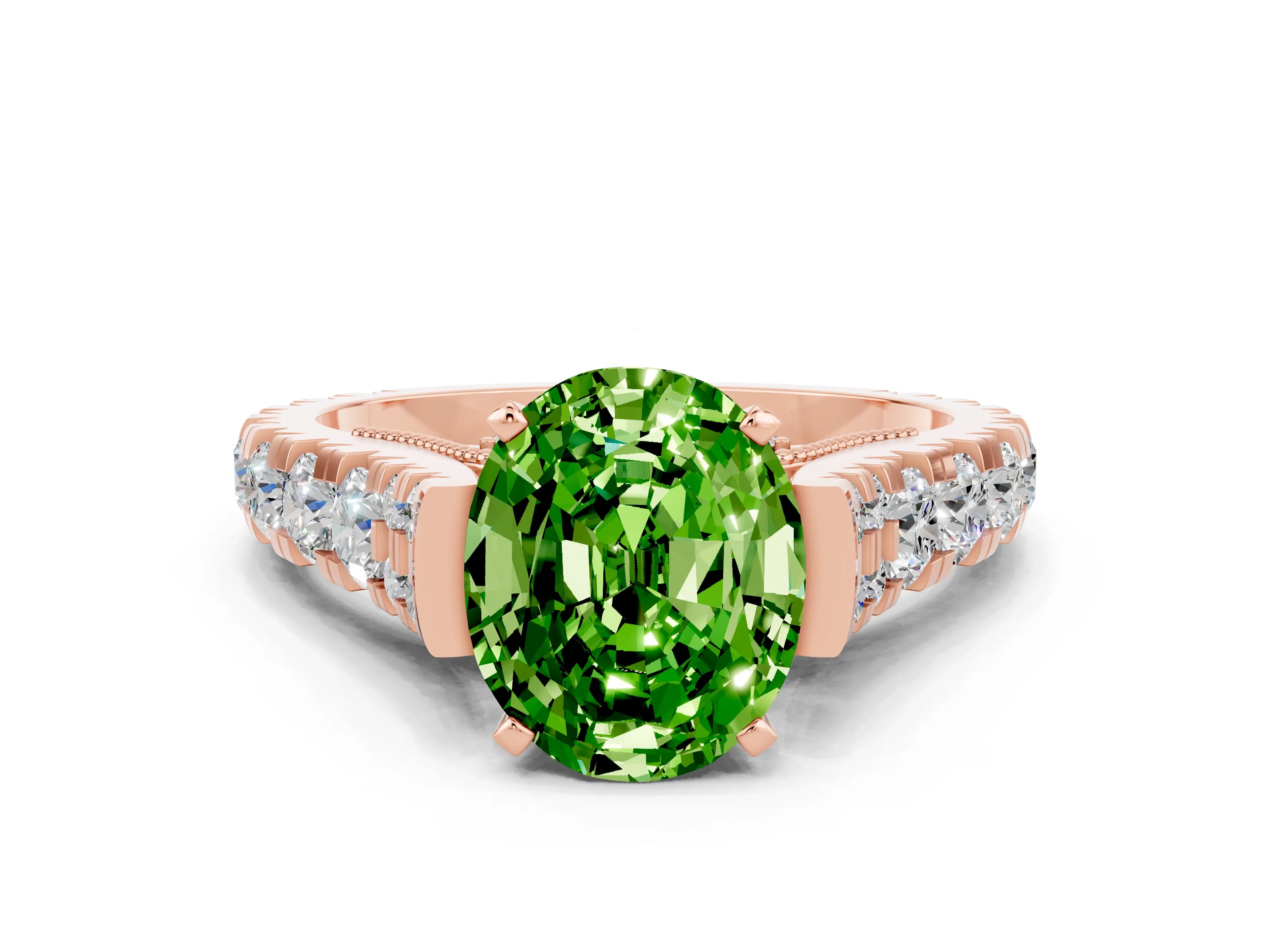 Rose gold Oval Cut Peridot Classic Solitaire Ring with Pavé Band and Four-Prong Setting