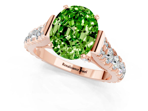 Rose gold Oval Cut Peridot Classic Solitaire Ring with Pavé Band and Four-Prong Setting