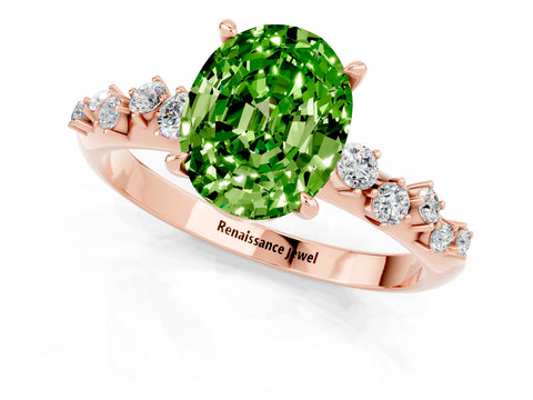 Rose gold Oval Cut Peridot Cluster Side Stone Solitaire Ring with Prong Setting_25
