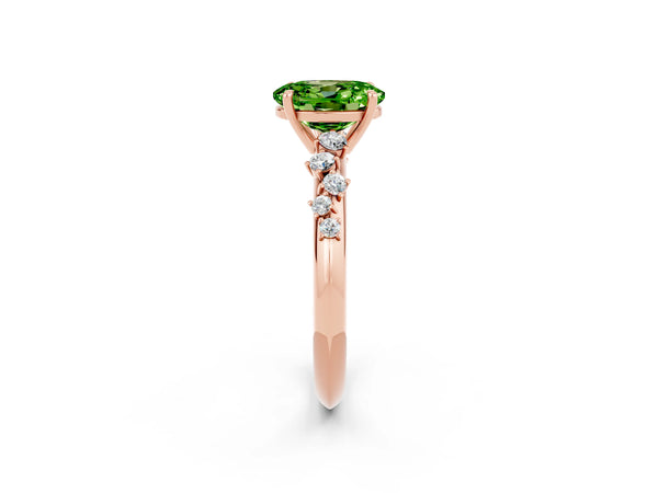 Rose gold Oval Cut Peridot Cluster Side Stone Solitaire Ring with Prong Setting