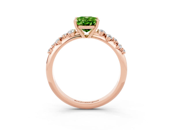 Rose gold Oval Cut Peridot Cluster Side Stone Solitaire Ring with Prong Setting