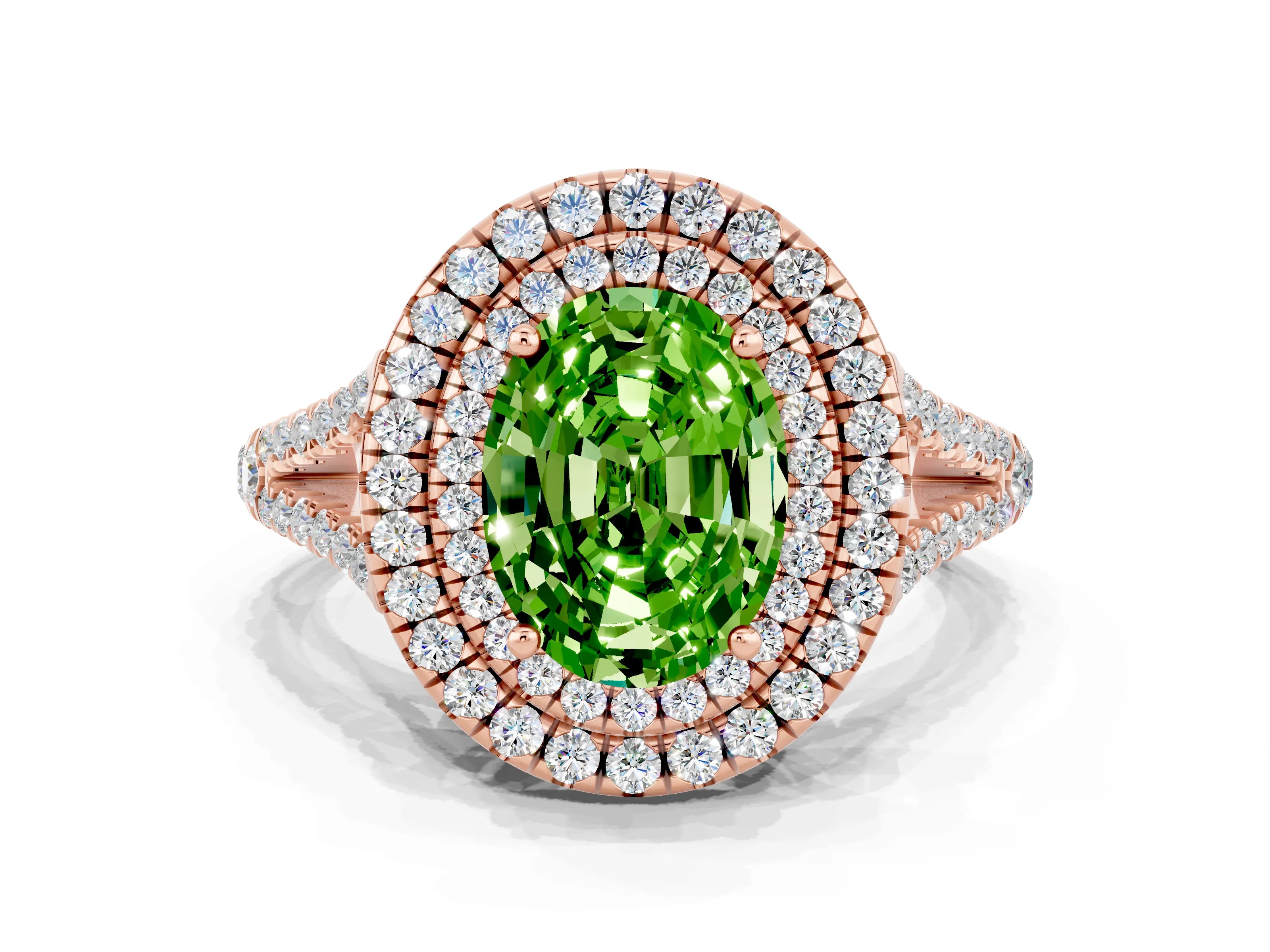 Rose gold Oval Cut Peridot Double Halo Ring with Pavé Band and Prong Setting_12