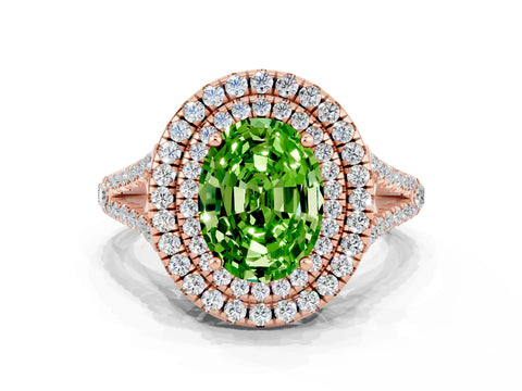 Rose gold Oval Cut Peridot Double Halo Ring with Pavé Band and Prong Setting_12