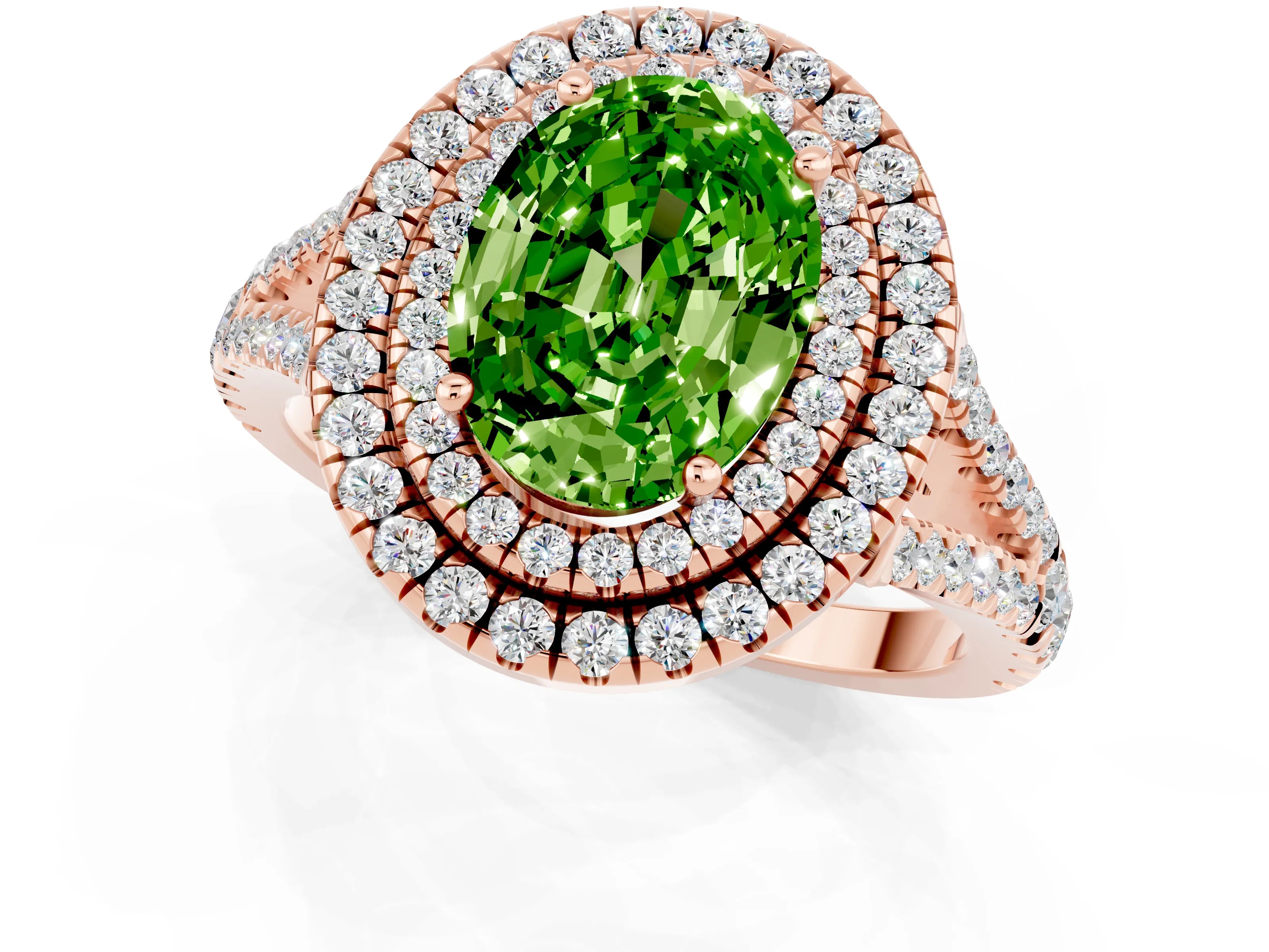 Rose gold Oval Cut Peridot Double Halo Ring with Pavé Band and Prong Setting_13