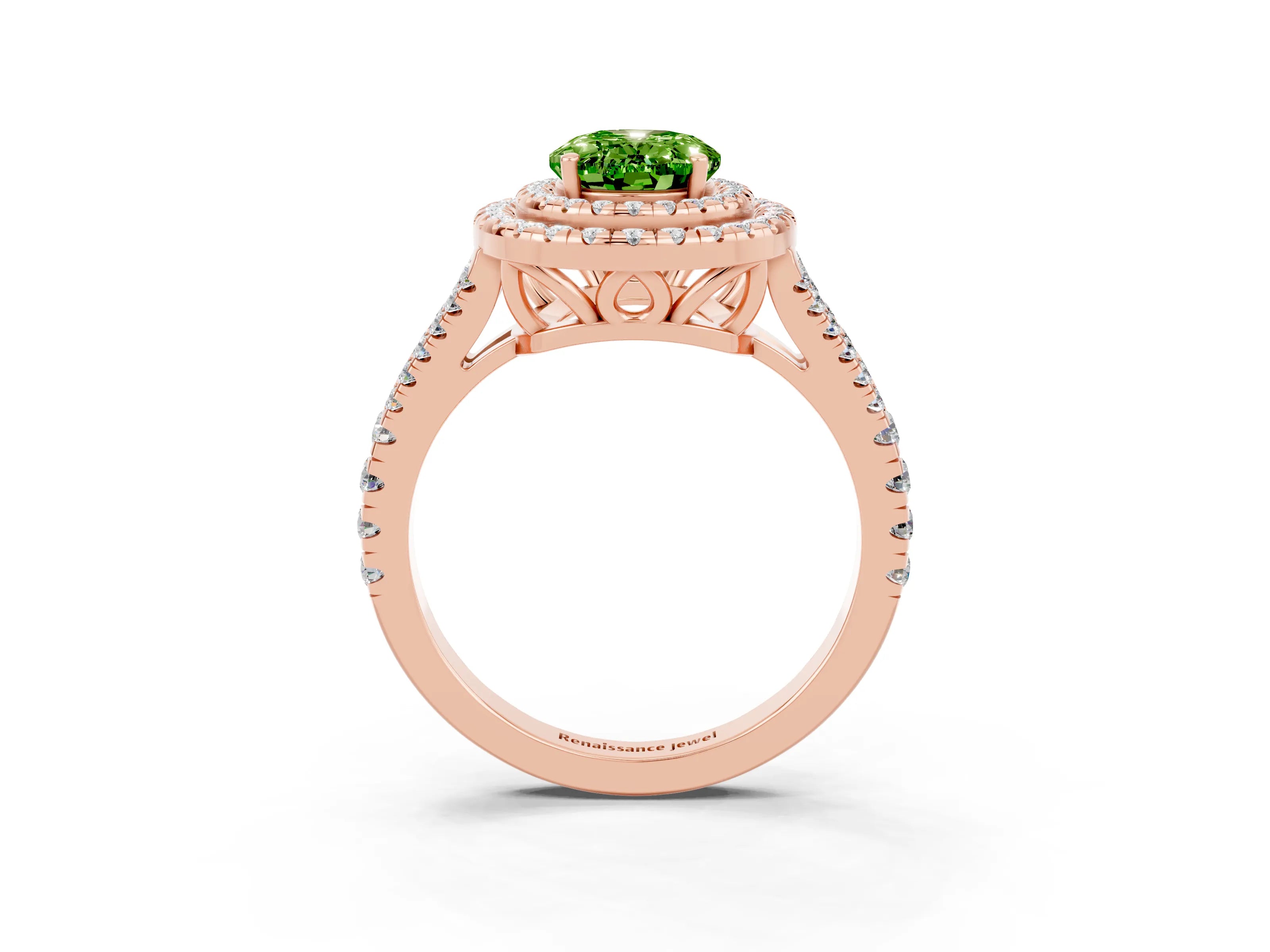 Rose gold Oval Cut Peridot Double Halo Ring with Pavé Band and Prong Setting_15