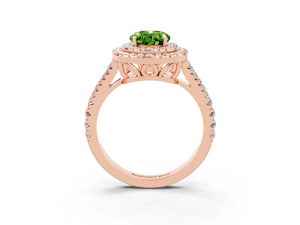 Rose gold Oval Cut Peridot Double Halo Ring with Pavé Band and Prong Setting