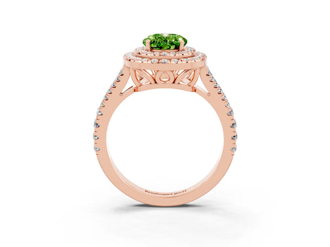 Rose gold Oval Cut Peridot Double Halo Ring with Pavé Band and Prong Setting_15