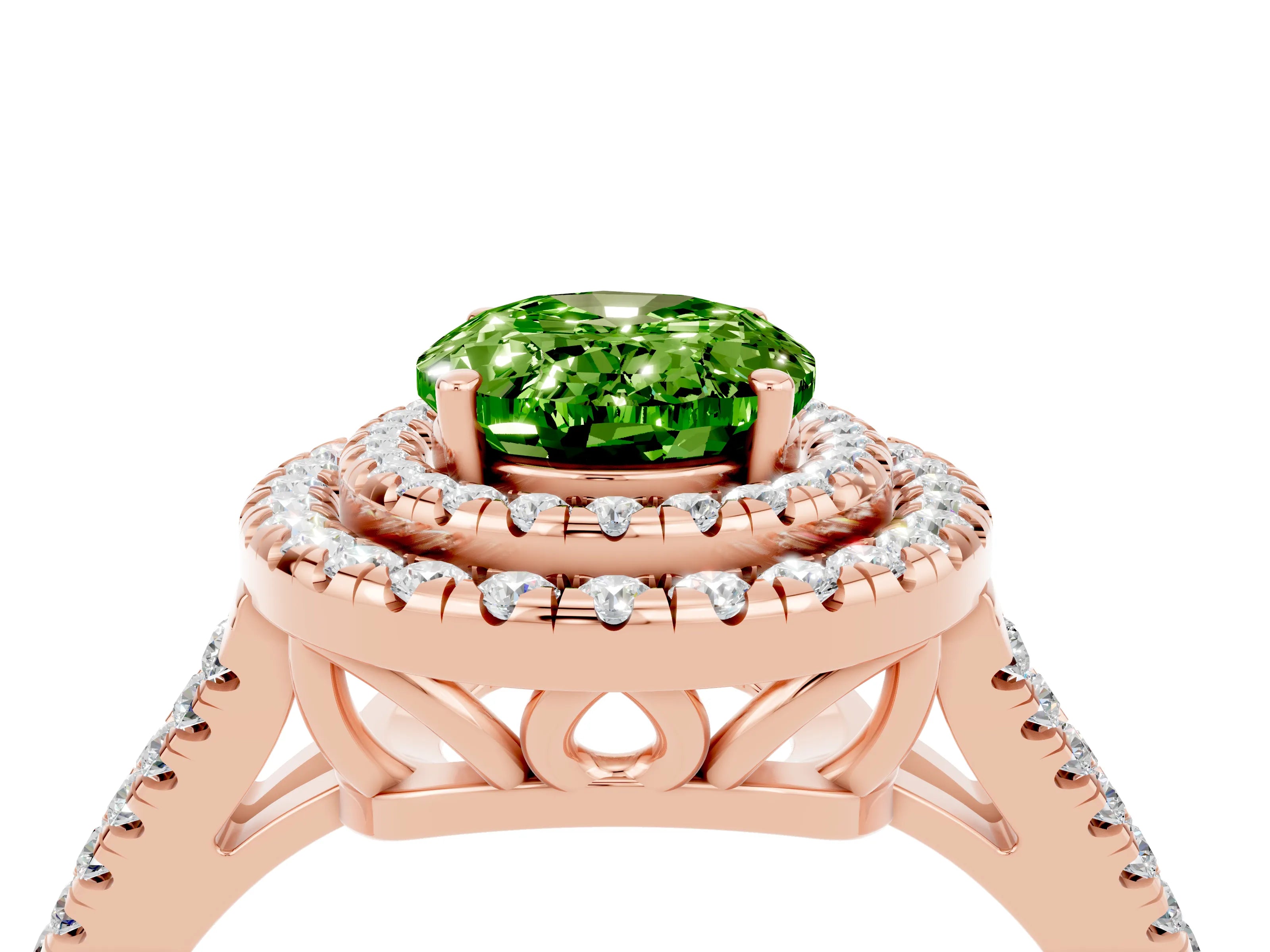 Rose gold Oval Cut Peridot Double Halo Ring with Pavé Band and Prong Setting_16