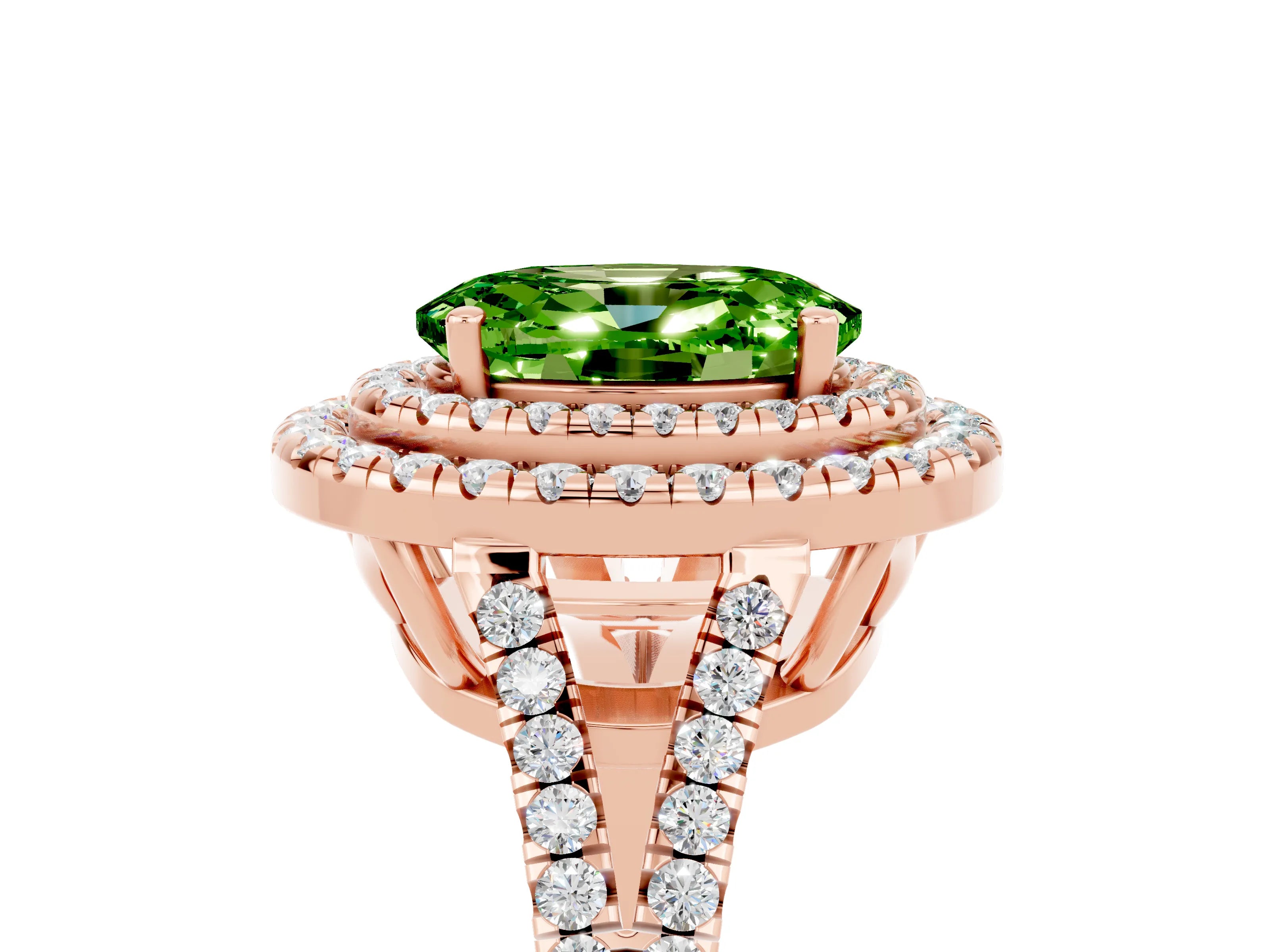 Rose gold Oval Cut Peridot Double Halo Ring with Pavé Band and Prong Setting_17