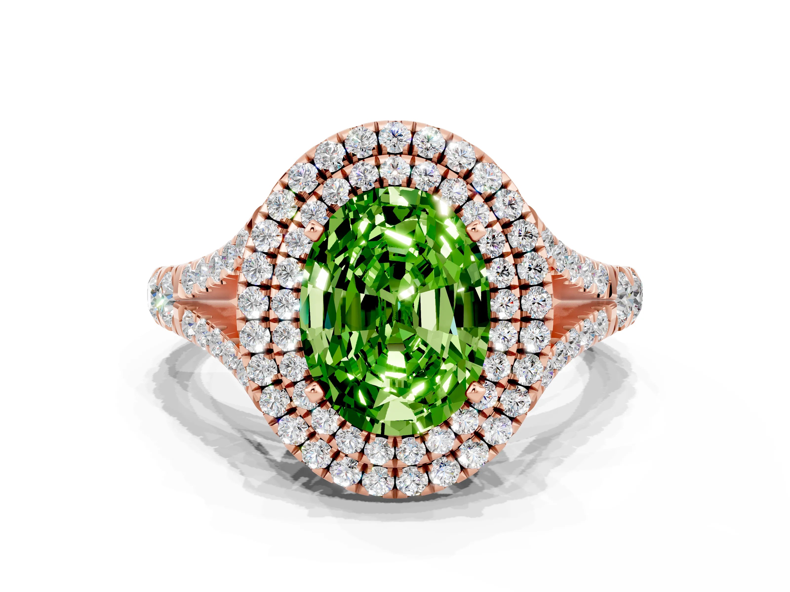 Rose gold Oval Cut Peridot Double Halo Ring with Split Shank and Prong Setting_12