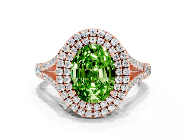 Rose gold Oval Cut Peridot Double Halo Ring with Split Shank and Prong Setting
