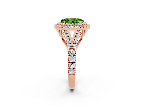 Rose gold Oval Cut Peridot Double Halo Ring with Split Shank and Prong Setting