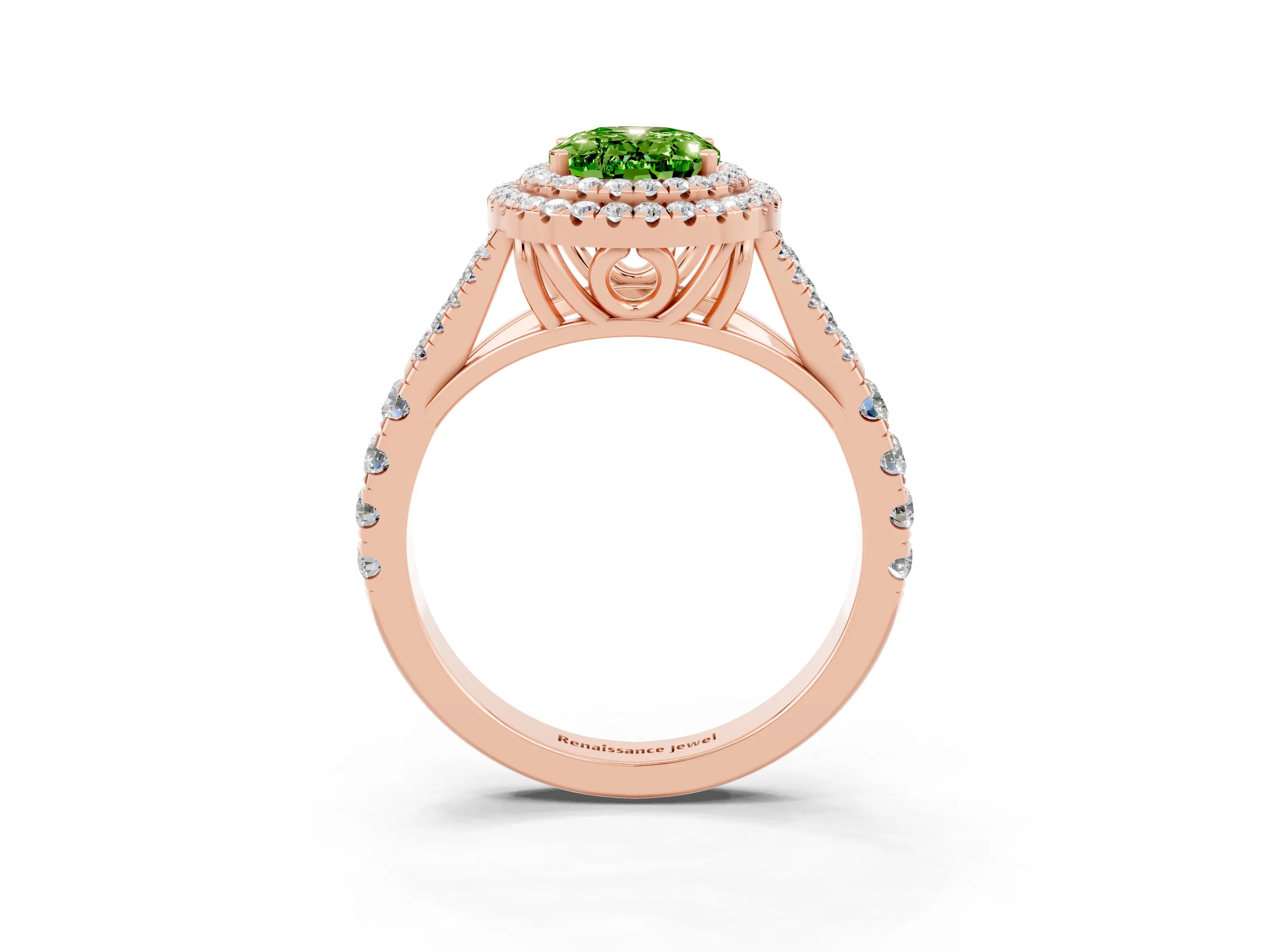 Rose gold Oval Cut Peridot Double Halo Ring with Split Shank and Prong Setting_15