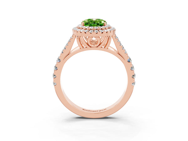 Rose gold Oval Cut Peridot Double Halo Ring with Split Shank and Prong Setting