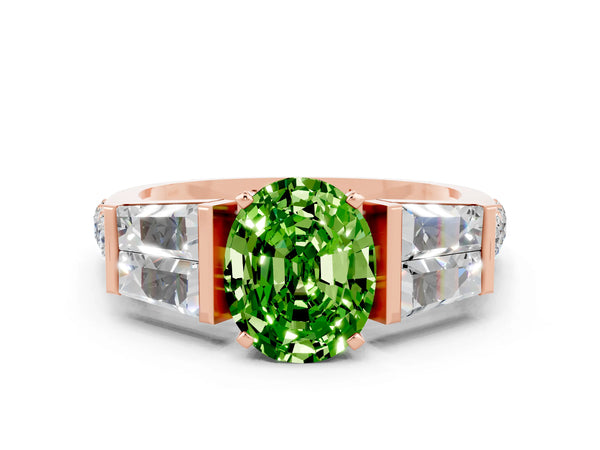 Rose gold Oval Cut Peridot Engagement Ring with Baguette Side Stones and Channel Set Band