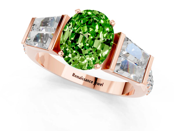 Rose gold Oval Cut Peridot Engagement Ring with Baguette Side Stones and Channel Set Band