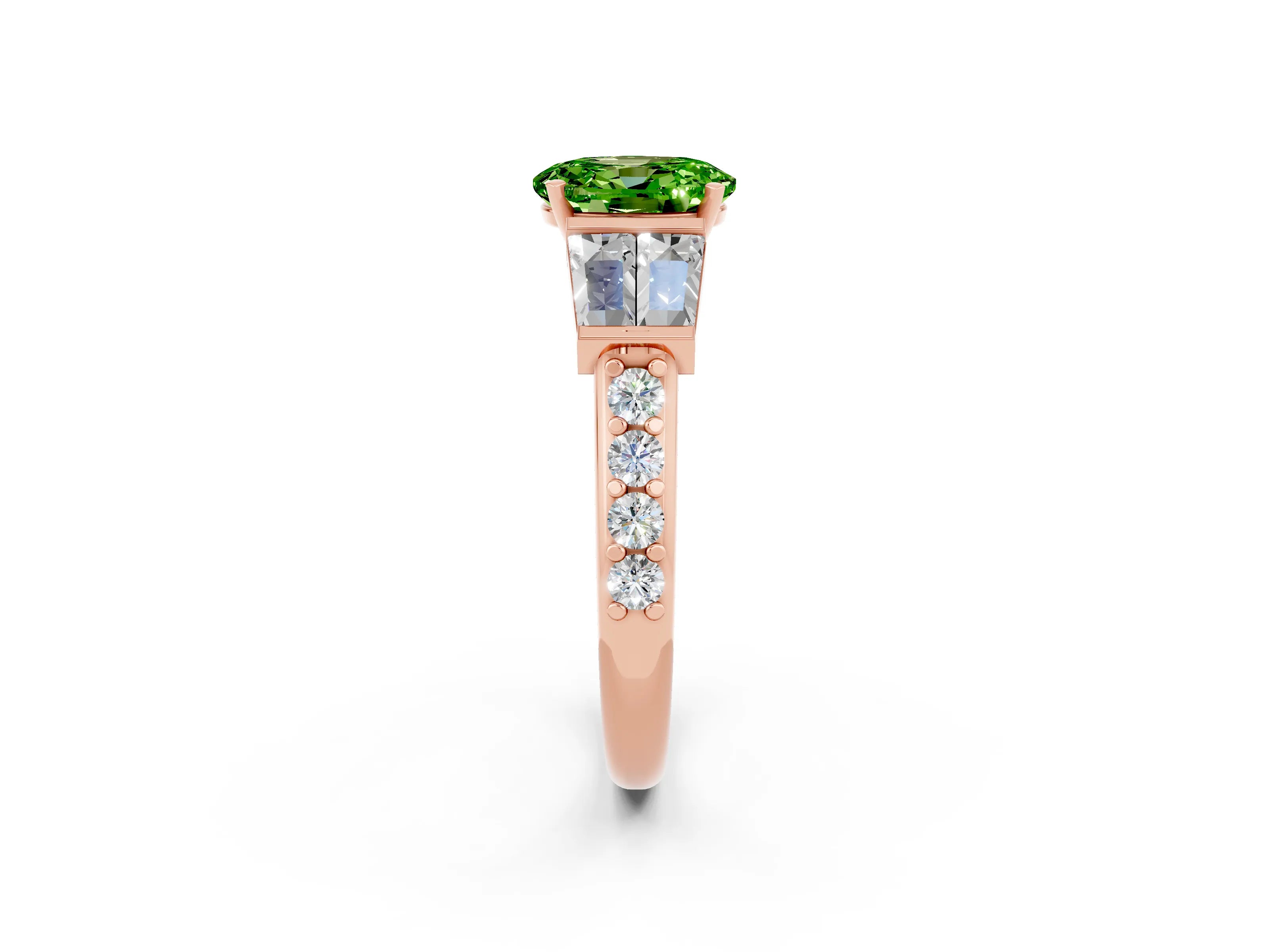 Rose gold Oval Cut Peridot Engagement Ring with Baguette Side Stones and Channel Set Band_2