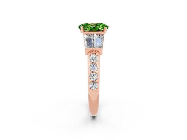 Rose gold Oval Cut Peridot Engagement Ring with Baguette Side Stones and Channel Set Band