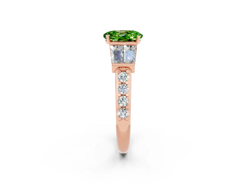 Rose gold Oval Cut Peridot Engagement Ring with Baguette Side Stones and Channel Set Band_2