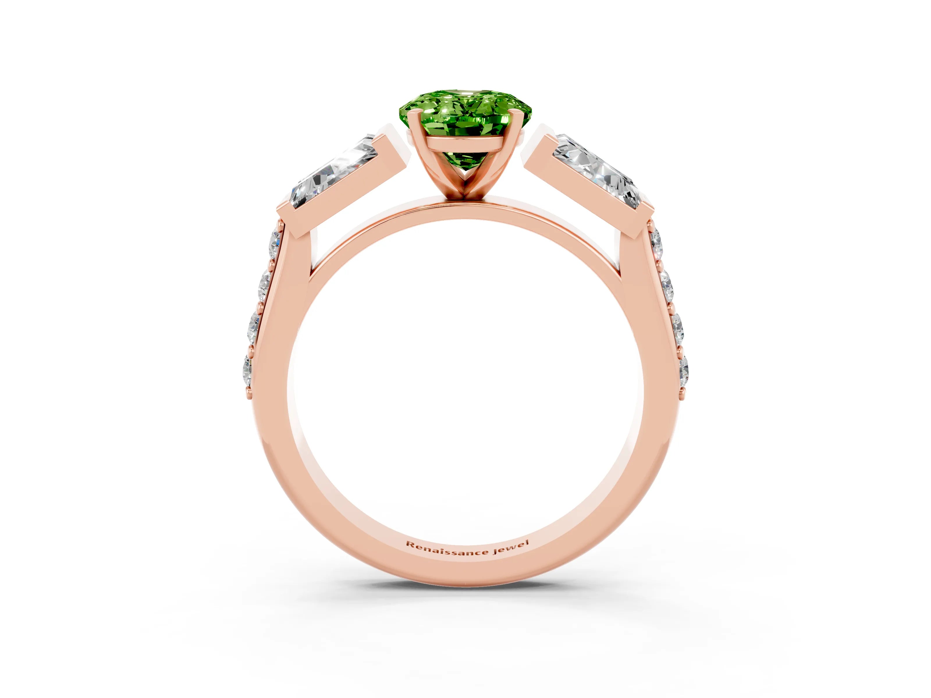 Rose gold Oval Cut Peridot Engagement Ring with Baguette Side Stones and Channel Set Band_3