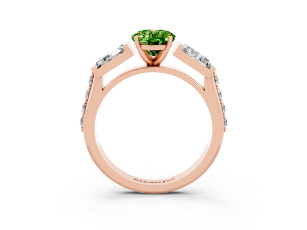 Rose gold Oval Cut Peridot Engagement Ring with Baguette Side Stones and Channel Set Band