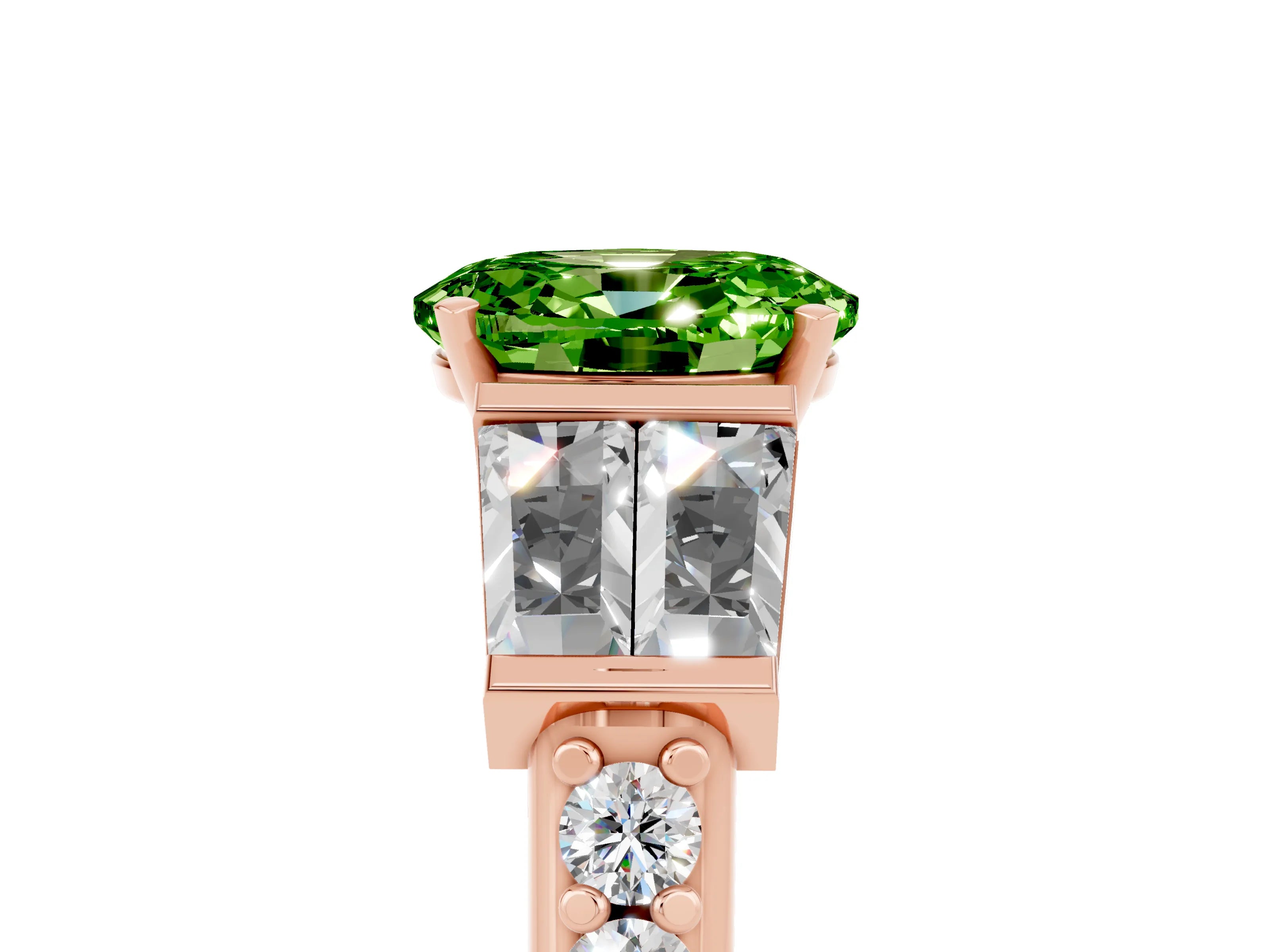 Rose gold Oval Cut Peridot Engagement Ring with Baguette Side Stones and Channel Set Band_5