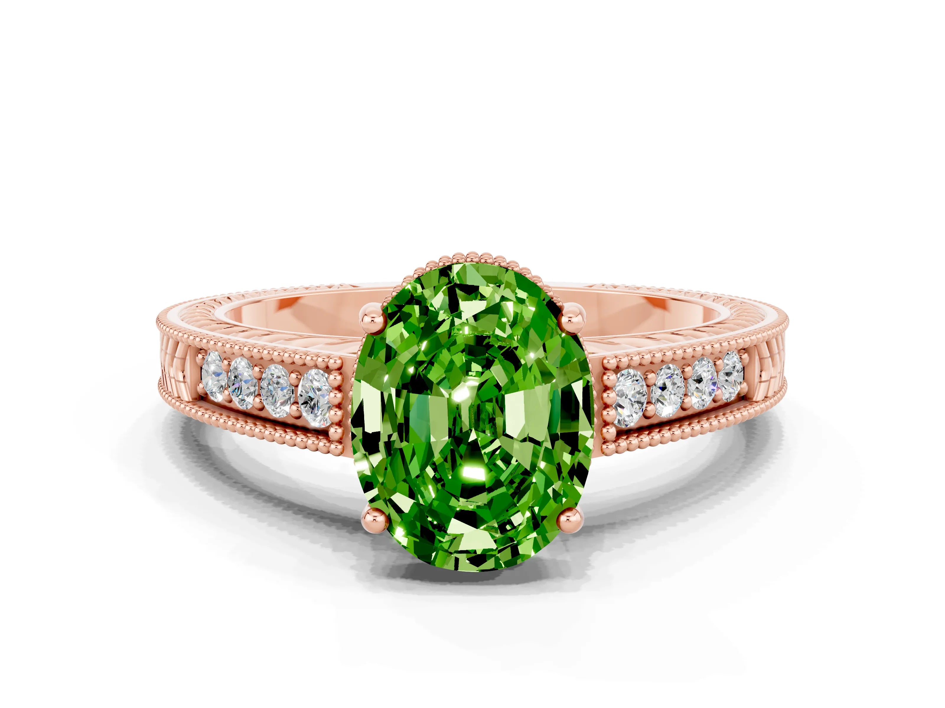 Rose gold Oval Cut Peridot Engagement Ring with Milgrain Channel Set Band and Prong Setting