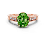 Rose gold Oval Cut Peridot Engagement Ring with Milgrain Channel Set Band and Prong Setting