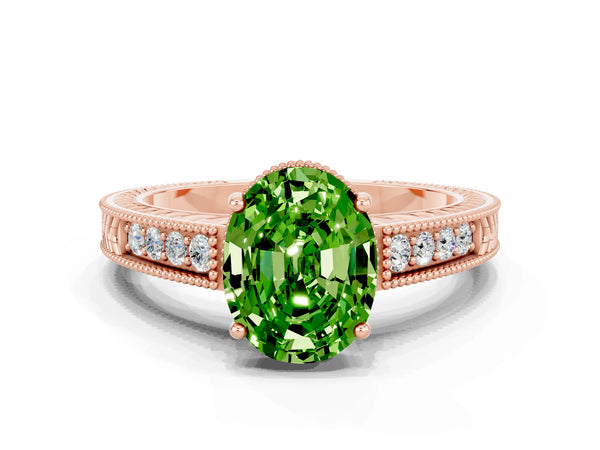 Rose gold Oval Cut Peridot Engagement Ring with Milgrain Channel Set Band and Prong Setting
