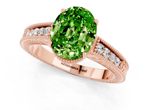 Rose gold Oval Cut Peridot Engagement Ring with Milgrain Channel Set Band and Prong Setting_1