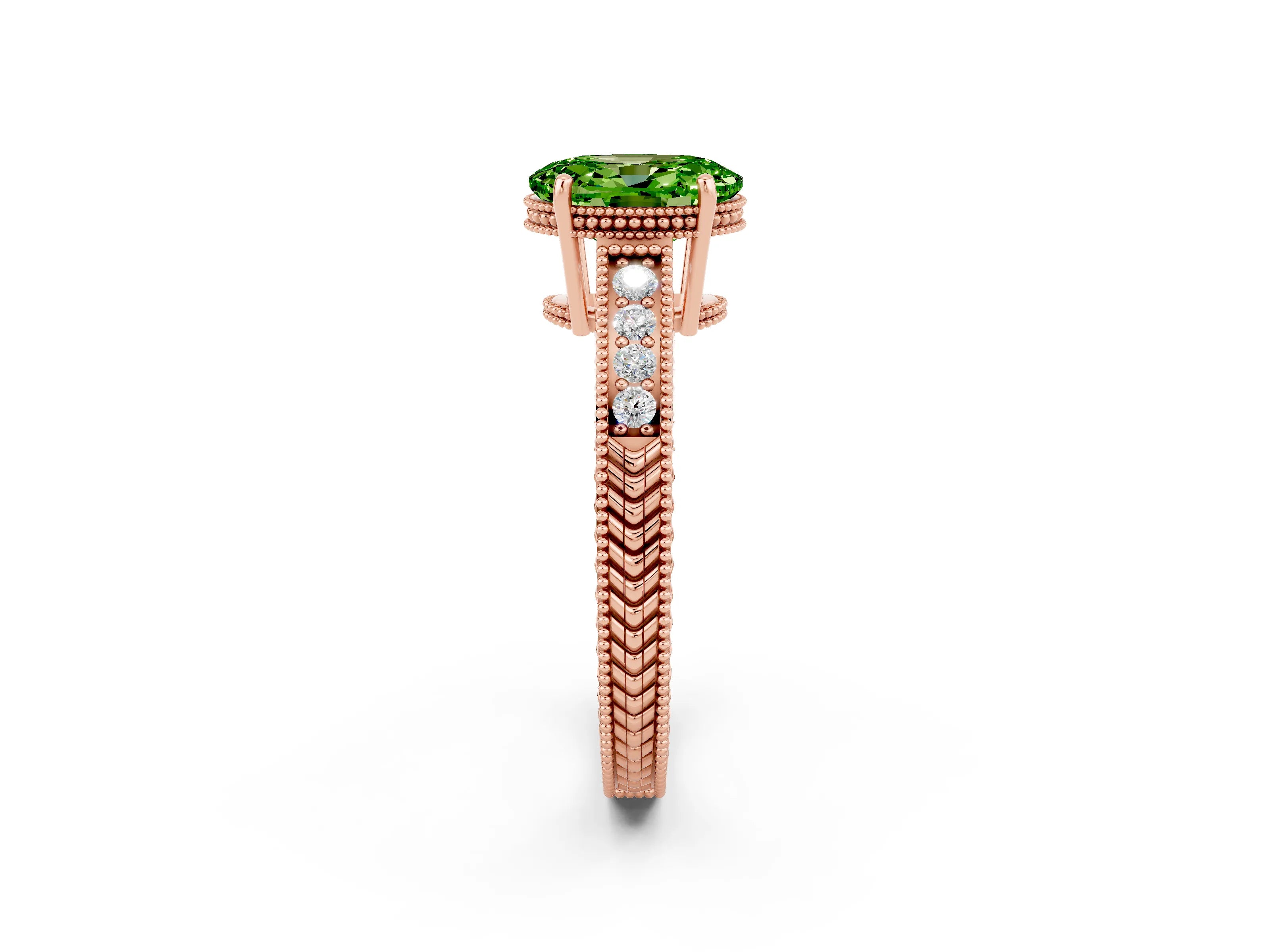 Rose gold Oval Cut Peridot Engagement Ring with Milgrain Channel Set Band and Prong Setting_2