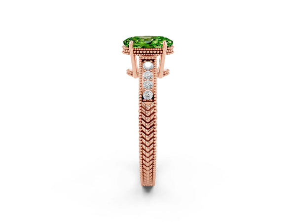 Rose gold Oval Cut Peridot Engagement Ring with Milgrain Channel Set Band and Prong Setting