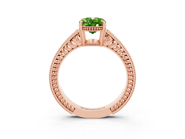 Rose gold Oval Cut Peridot Engagement Ring with Milgrain Channel Set Band and Prong Setting