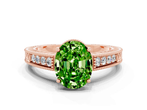 Rose gold Oval Cut Peridot Engagement Ring with Milgrain Channel Set Band and Prong Setting