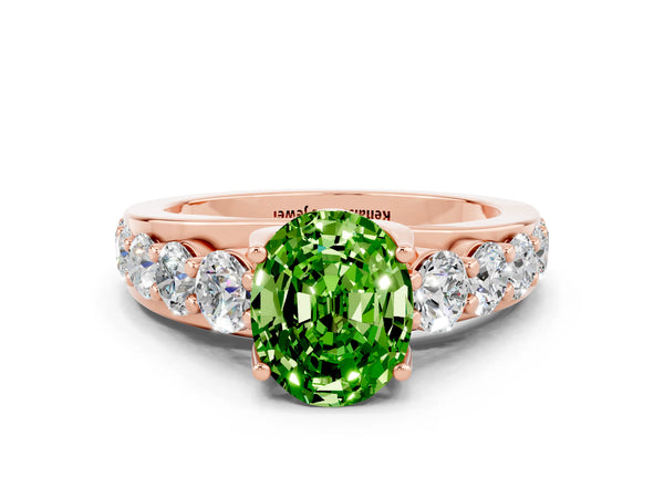 Rose gold Oval Cut Peridot Engagement Ring with Pavé Band and Four-Prong Setting