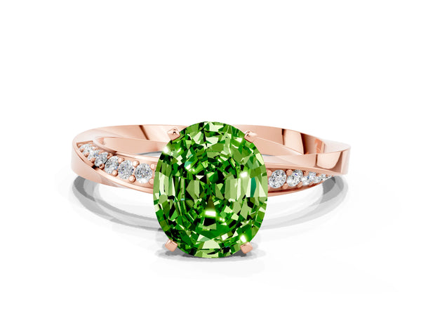 Rose gold Oval Cut Peridot Engagement Ring with Side Stone Accents and Four-Prong Setting